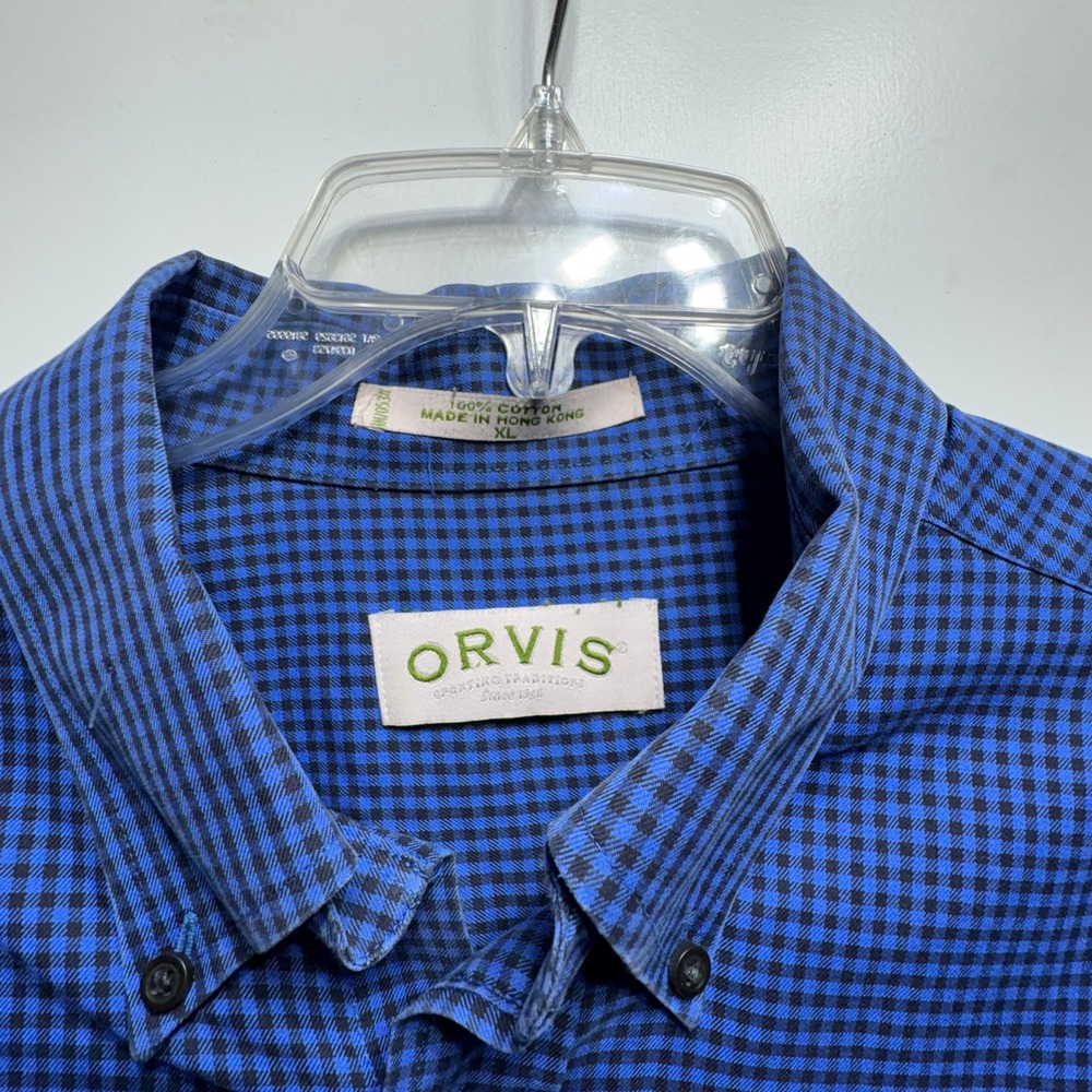 Orvis Shirt Mens XL Blue Black Micro Check Cotton Long Sleeve Button Down Pocket - Picture 2 of 7